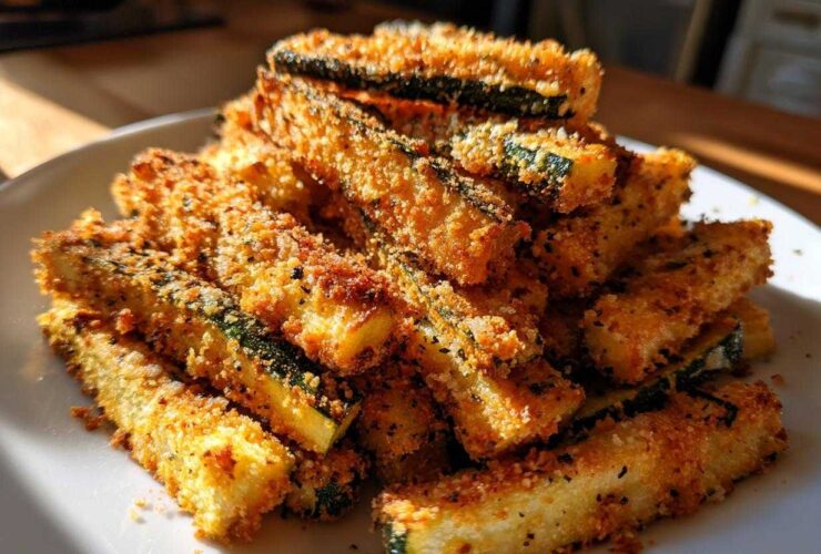 A close-up of a pile of crispy Air Fryer Zucchini Fries with Parmesan on a white plate.
