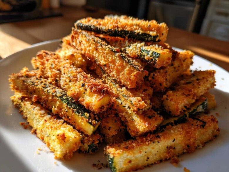 A close-up of a pile of crispy Air Fryer Zucchini Fries with Parmesan on a white plate.