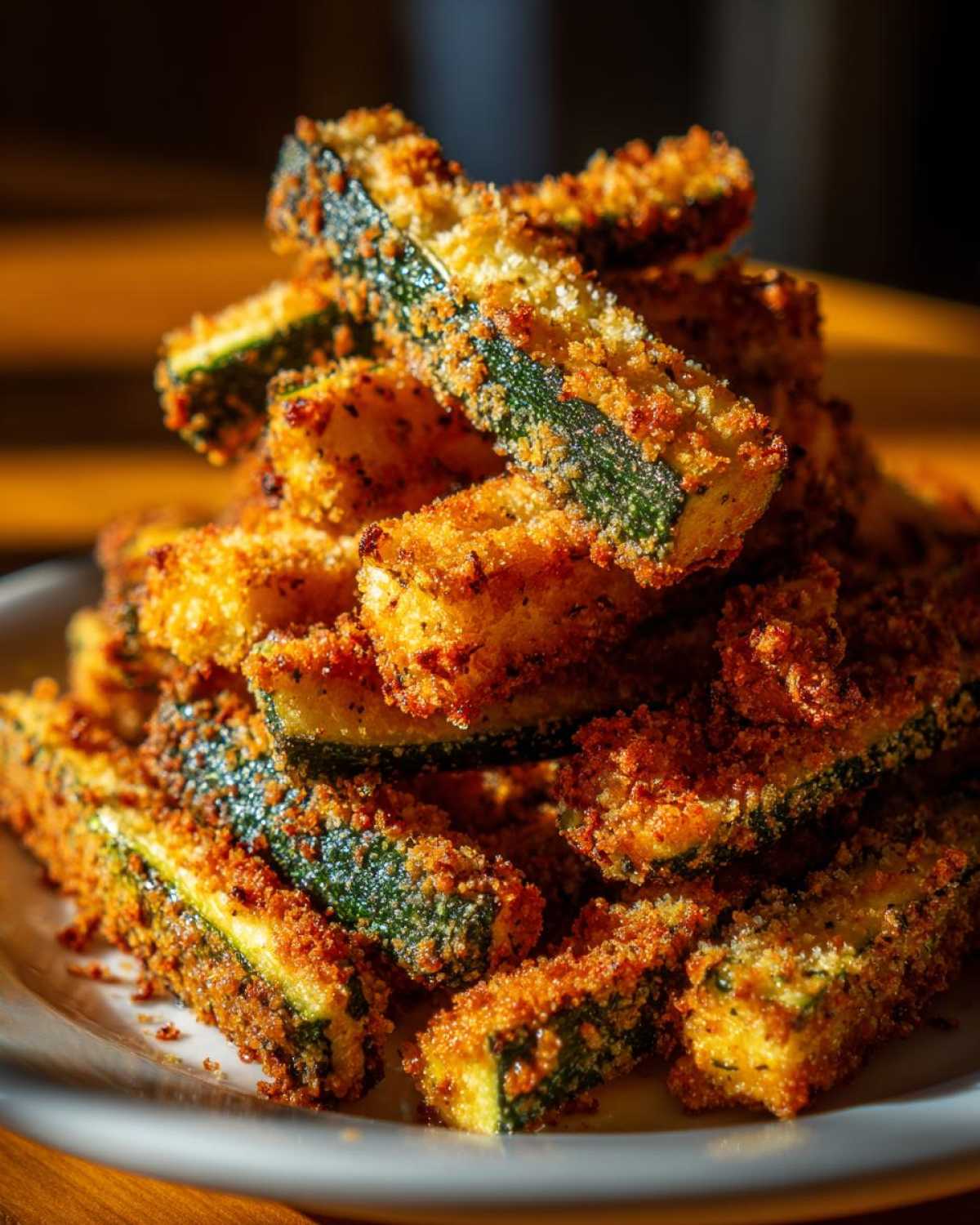 A tall stack of crispy, golden Air Fryer Zucchini Fries with Parmesan piled high on a white plate.