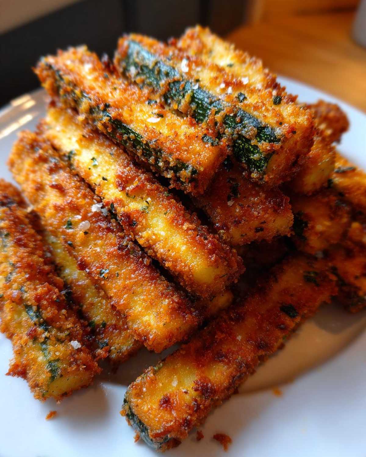 Close-up of golden brown, crispy Air Fryer Zucchini Fries with Parmesan stacked on a white plate.