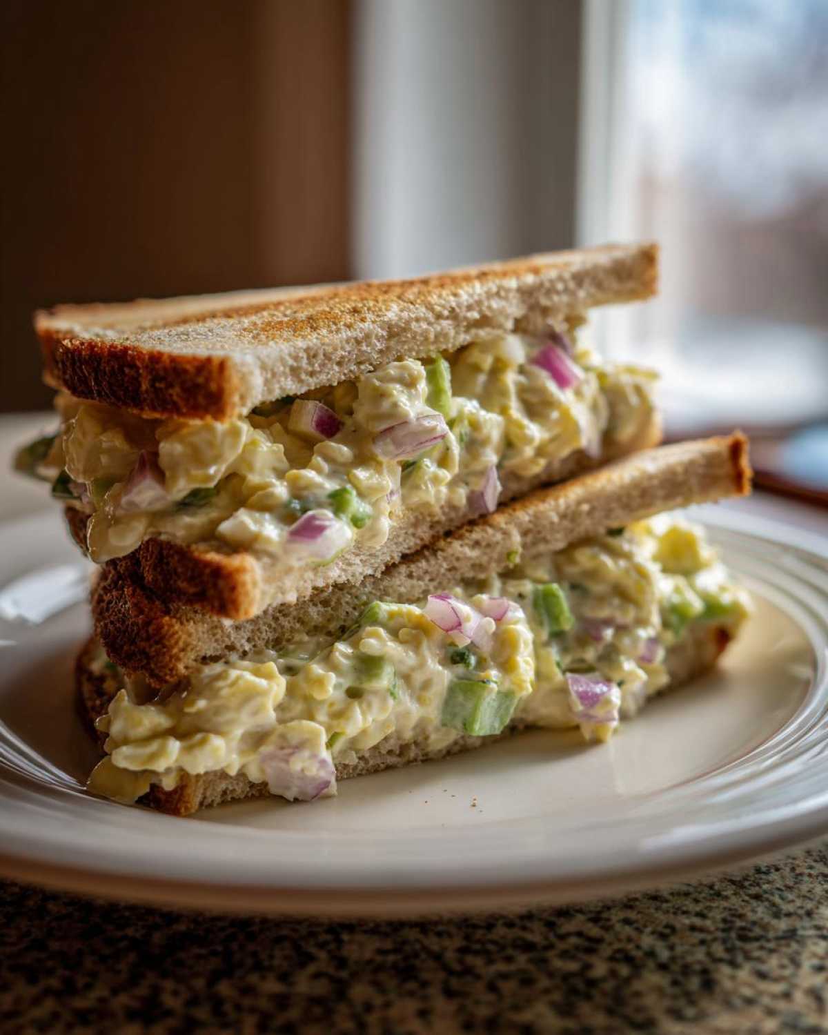 Two halves of an Avocado Egg Salad Sandwich stacked on a white plate, showing creamy filling with red onion and celery.
