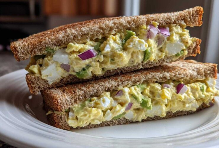 A hearty Avocado Egg Salad Sandwich, cut in half, showing creamy filling with egg chunks and red onion on toasted whole wheat bread.