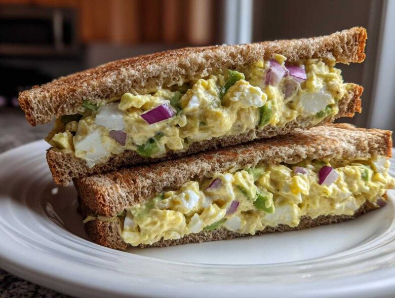 A hearty Avocado Egg Salad Sandwich, cut in half, showing creamy filling with egg chunks and red onion on toasted whole wheat bread.