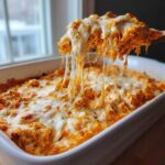 A spoonful of hot Baked Buffalo Chicken Dip showing extreme cheese pull over the baking dish.