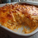 A close-up of freshly baked Buffalo Chicken Dip with a bubbly, browned cheese topping and a serving removed.