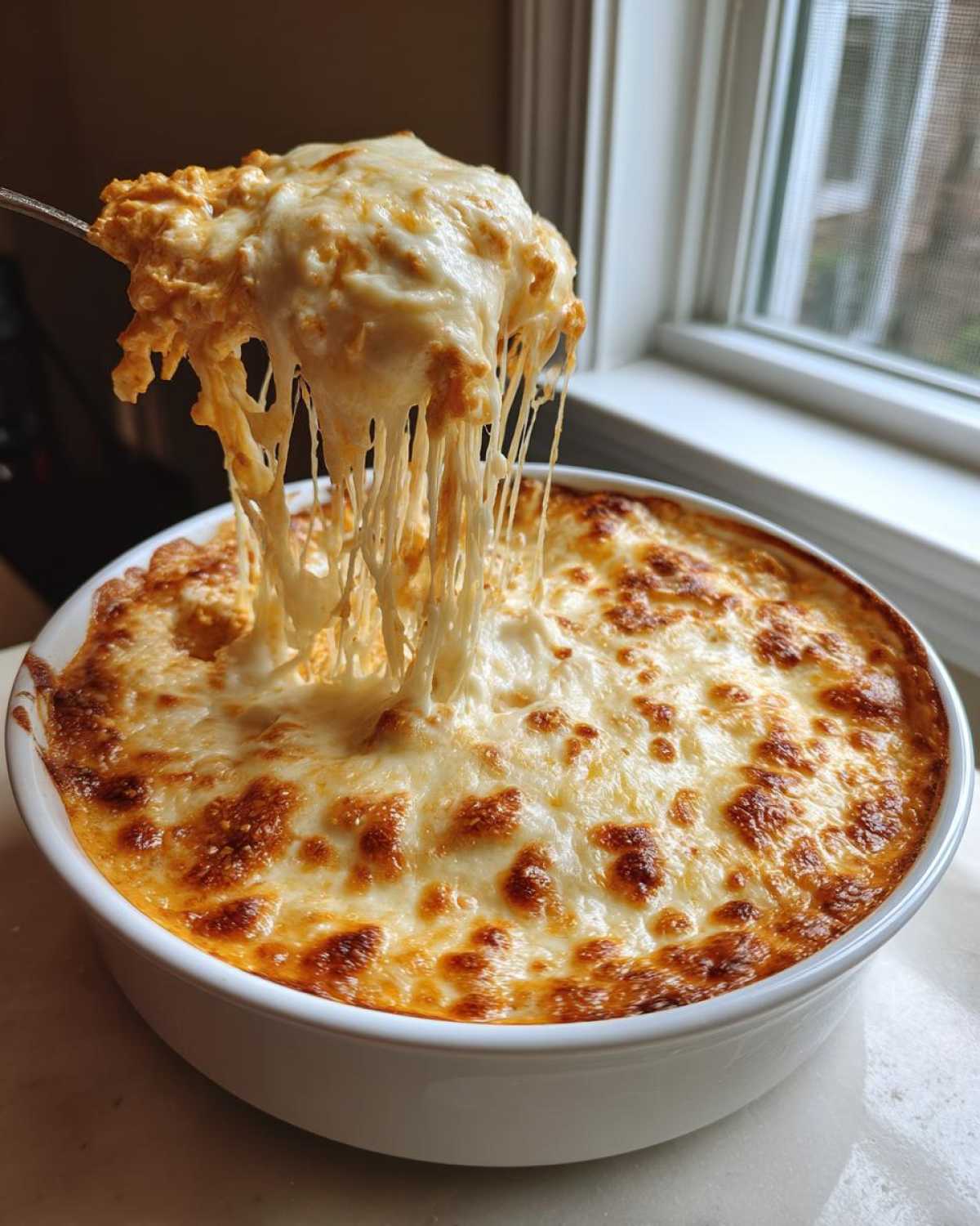 A spoonful of hot Baked Buffalo Chicken Dip showing extreme cheese pull over the bubbly, browned top.