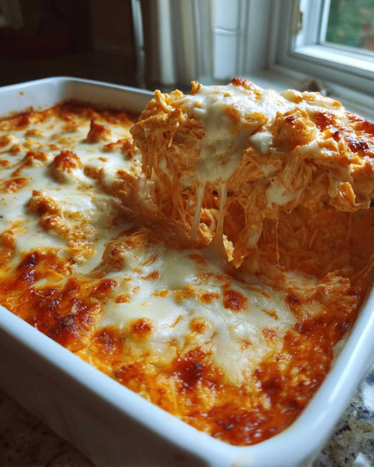 A spoonful of hot, cheesy Baked Buffalo Chicken Dip being lifted, showing long cheese pulls.