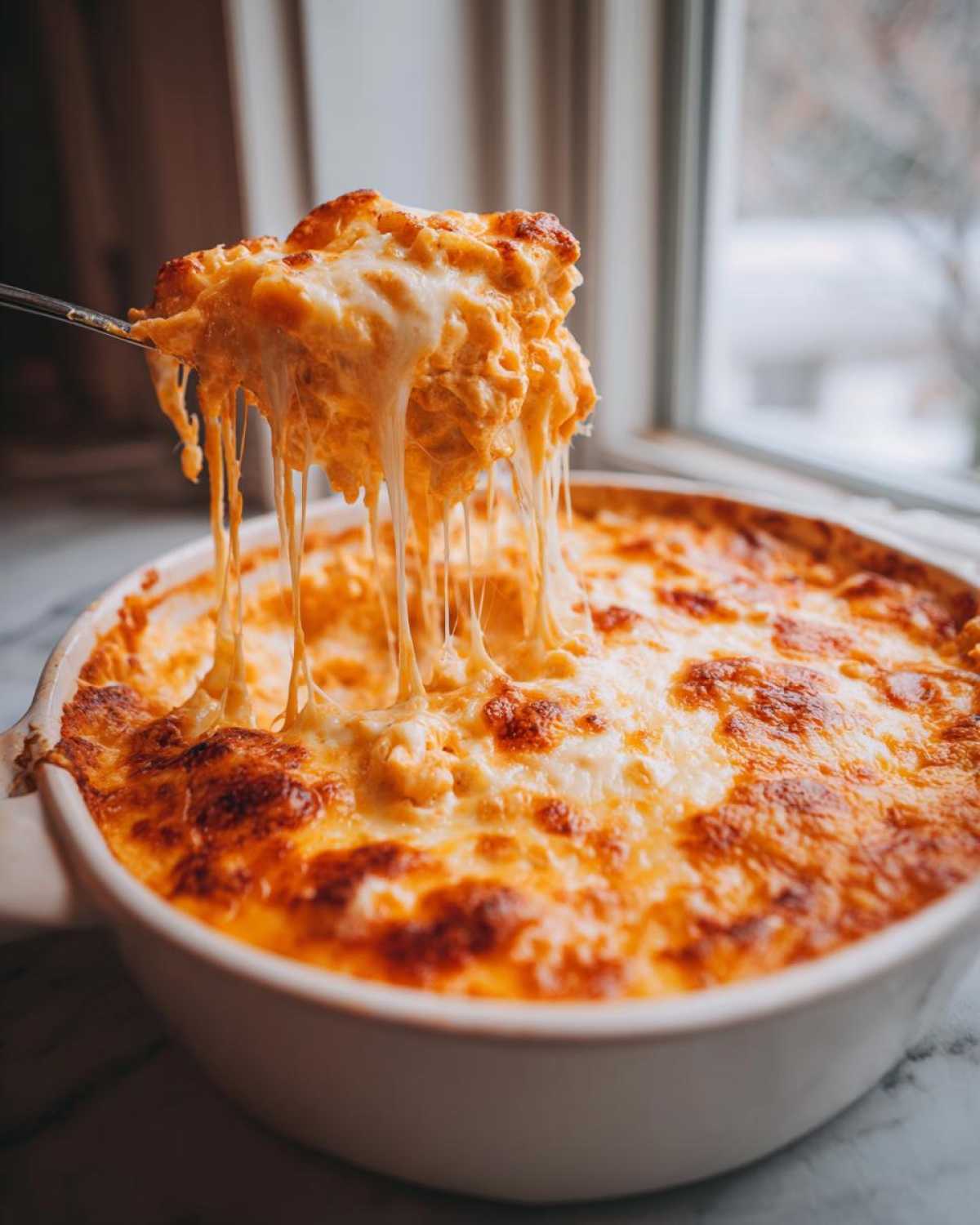 A spoonful of hot Baked Buffalo Chicken Dip showing extreme cheese pull over the baking dish.