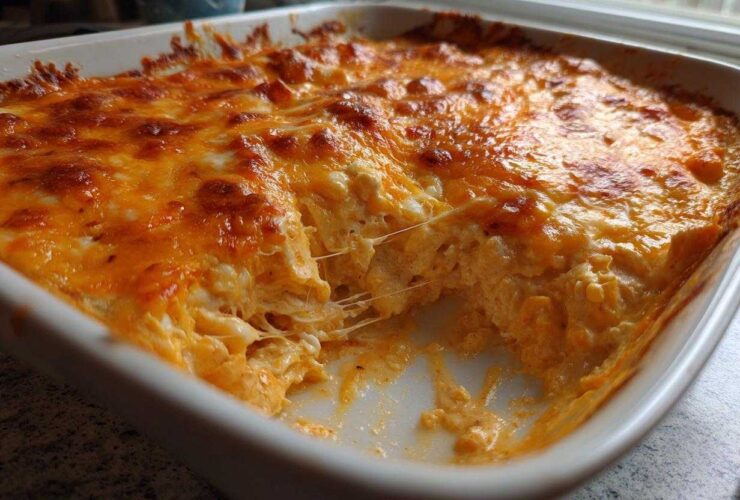 A close-up of freshly baked Buffalo Chicken Dip with a bubbly, browned cheese topping and a serving removed.