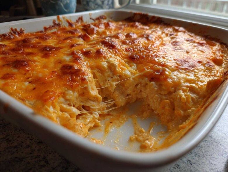 A close-up of freshly baked Buffalo Chicken Dip with a bubbly, browned cheese topping and a serving removed.