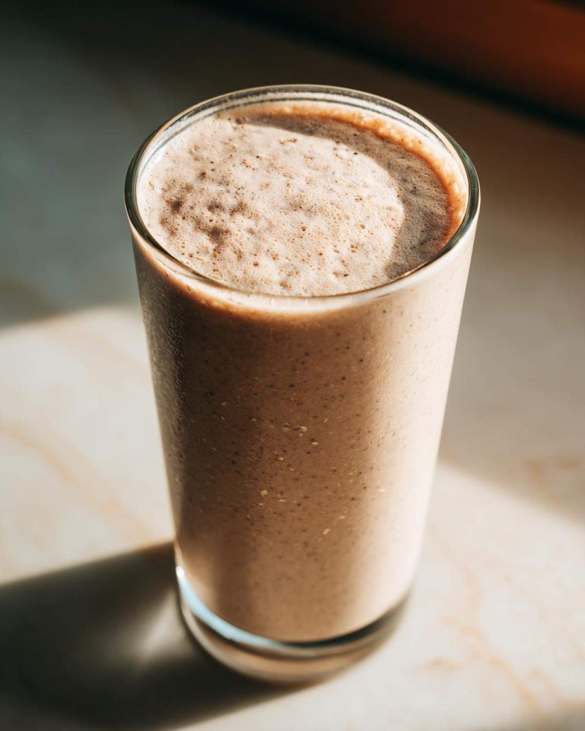 Close-up of a tall glass filled with a creamy Banana Peanut Butter Smoothie, showing a frothy top layer.