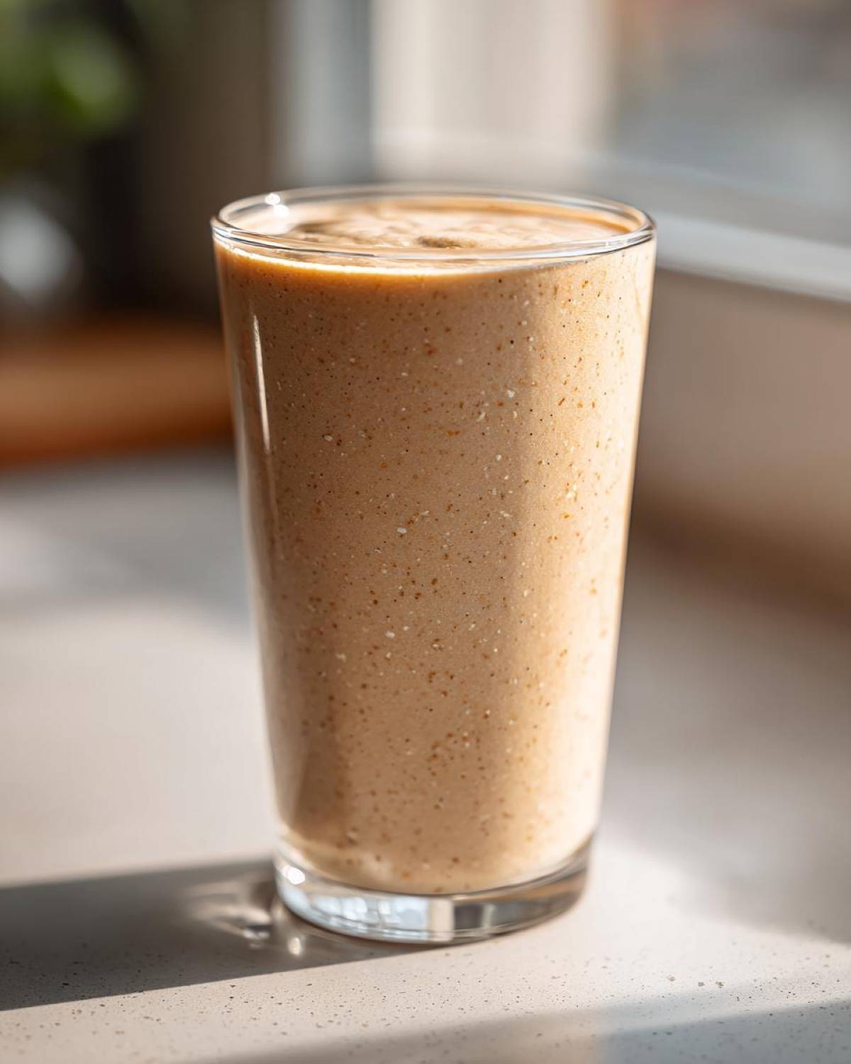A tall glass filled with a thick, creamy Banana Peanut Butter Smoothie, set against bright natural light.
