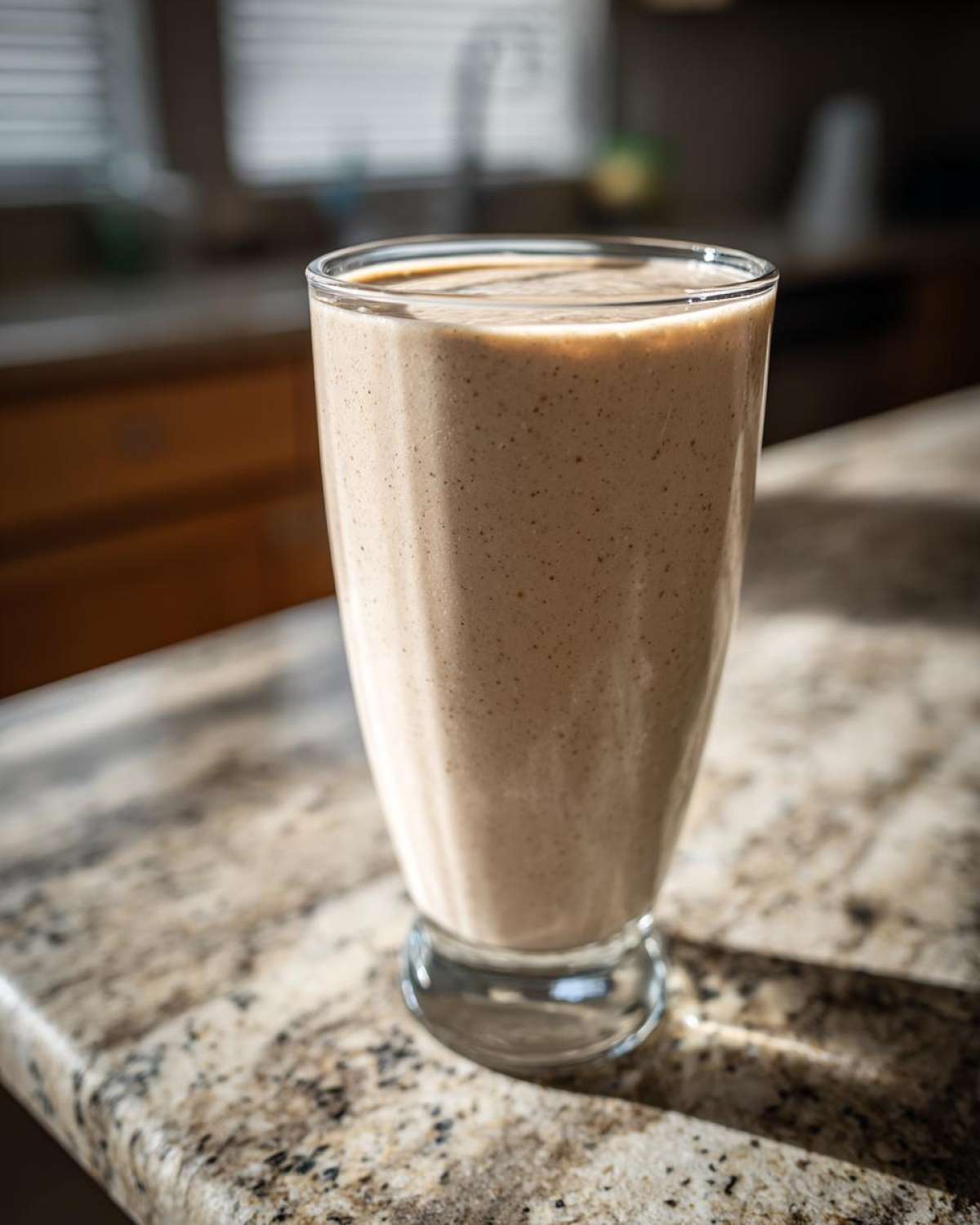 A tall glass filled with a thick, creamy Banana Peanut Butter Smoothie resting on a granite countertop.