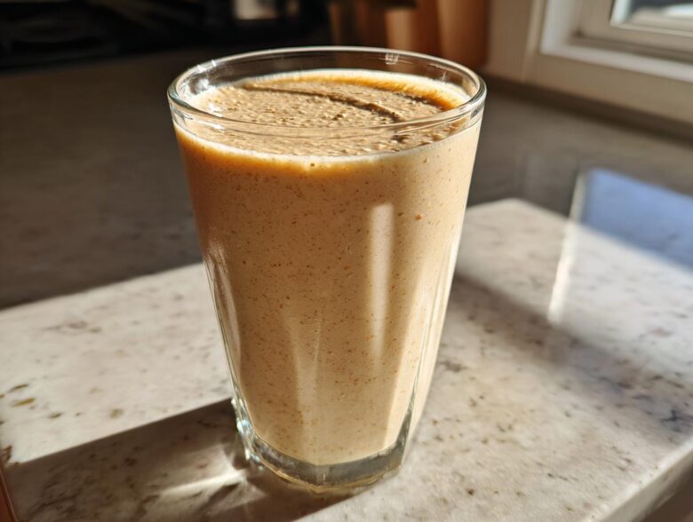 A tall glass filled with a thick, creamy Banana Peanut Butter Smoothie sitting on a speckled countertop in bright sunlight.