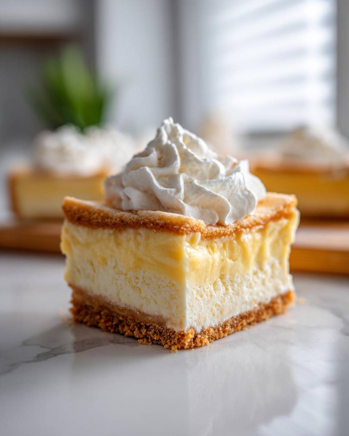 A single serving of Banana Pudding Cheesecake Bars featuring a graham cracker crust, creamy filling, and topped with a swirl of whipped cream.