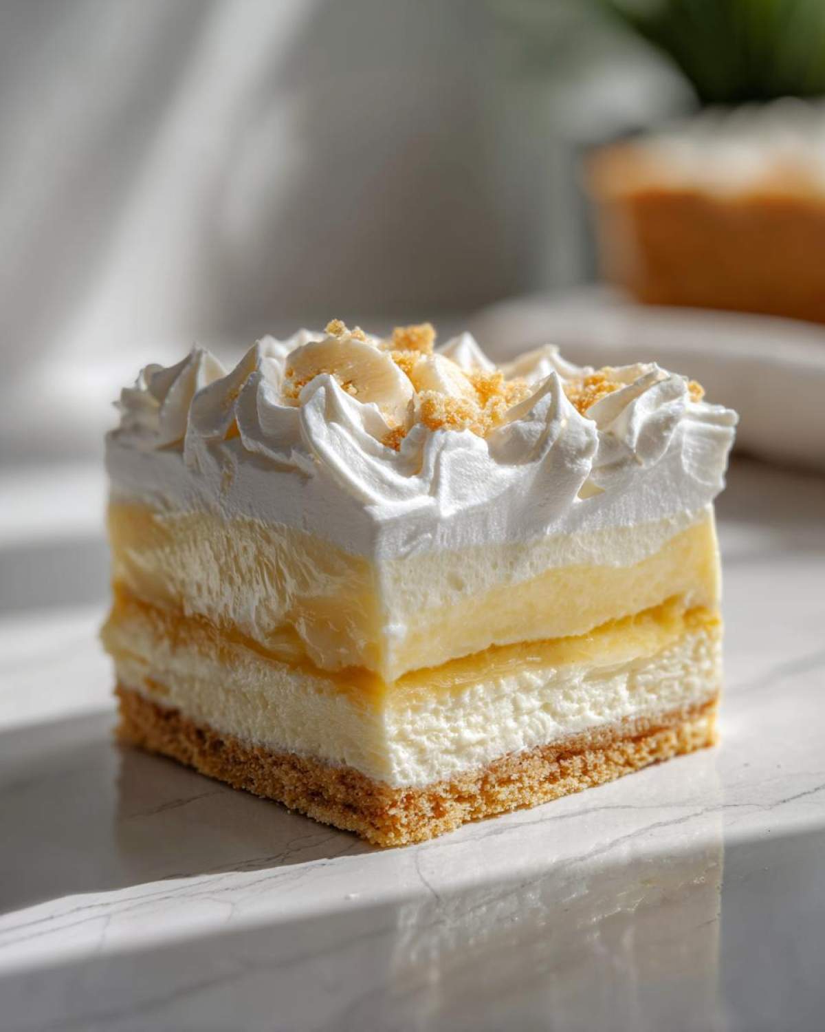A perfectly layered slice of Banana Pudding Cheesecake Bars featuring a graham cracker crust, cheesecake, pudding, and whipped cream topping.