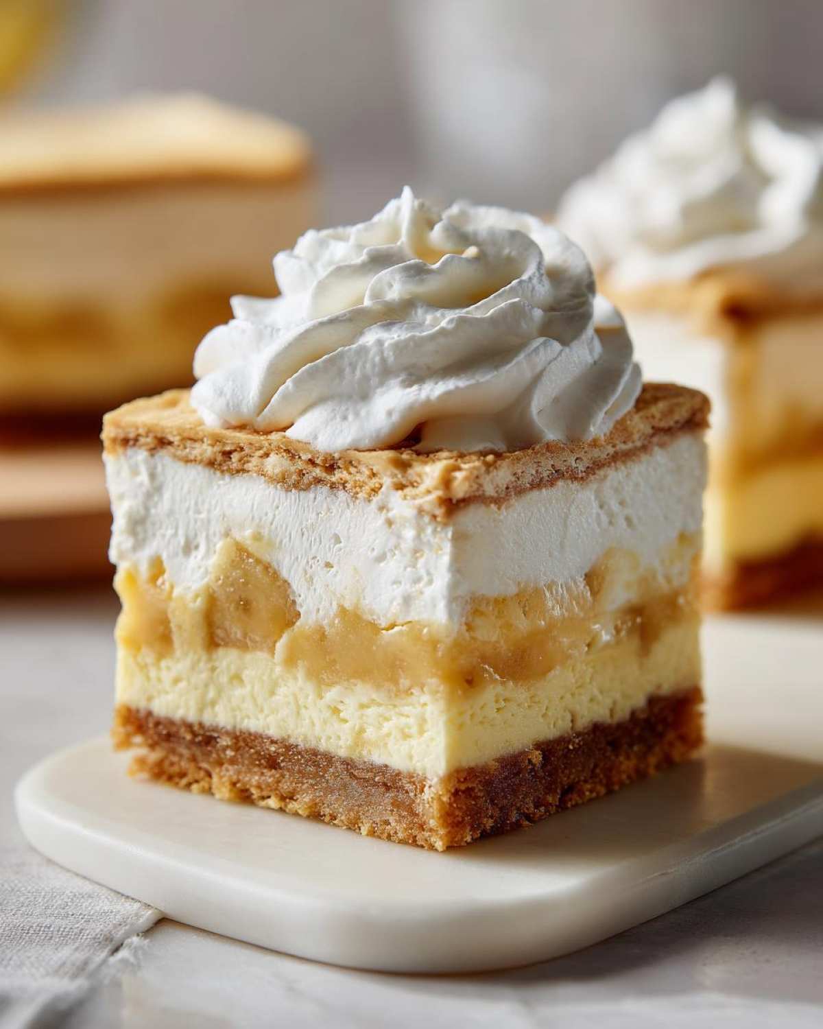 A perfect square slice of Banana Pudding Cheesecake Bars topped with whipped cream and banana layers.