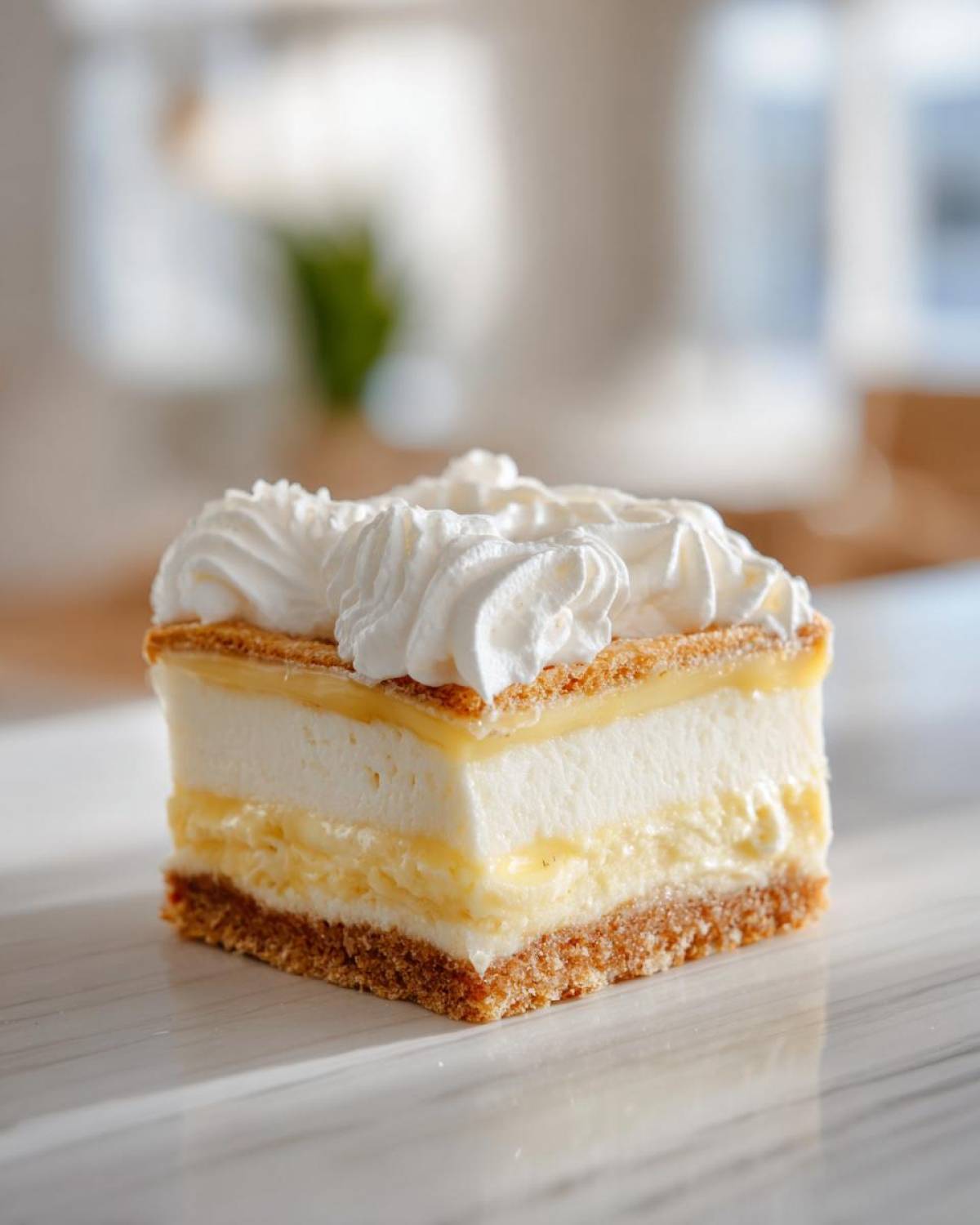A perfect square slice of Banana Pudding Cheesecake Bars showing graham cracker crust, creamy layers, and whipped topping.