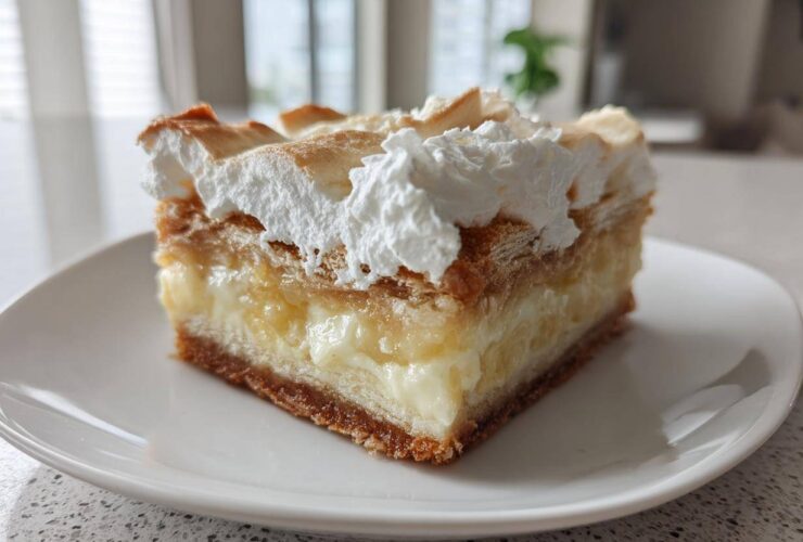 A thick slice of Banana Pudding Cheesecake Bars featuring a creamy filling, crust, and topped with meringue and whipped cream.