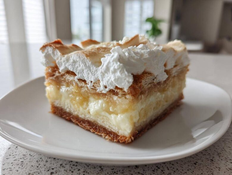 A thick slice of Banana Pudding Cheesecake Bars featuring a creamy filling, crust, and topped with meringue and whipped cream.