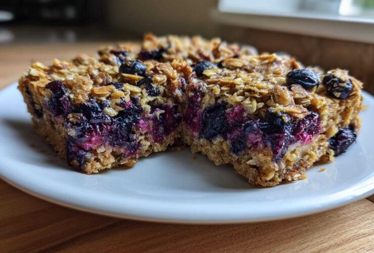Two moist Blueberry Baked Oatmeal Squares cut in half, showing the rich, purple blueberry filling and oat topping.
