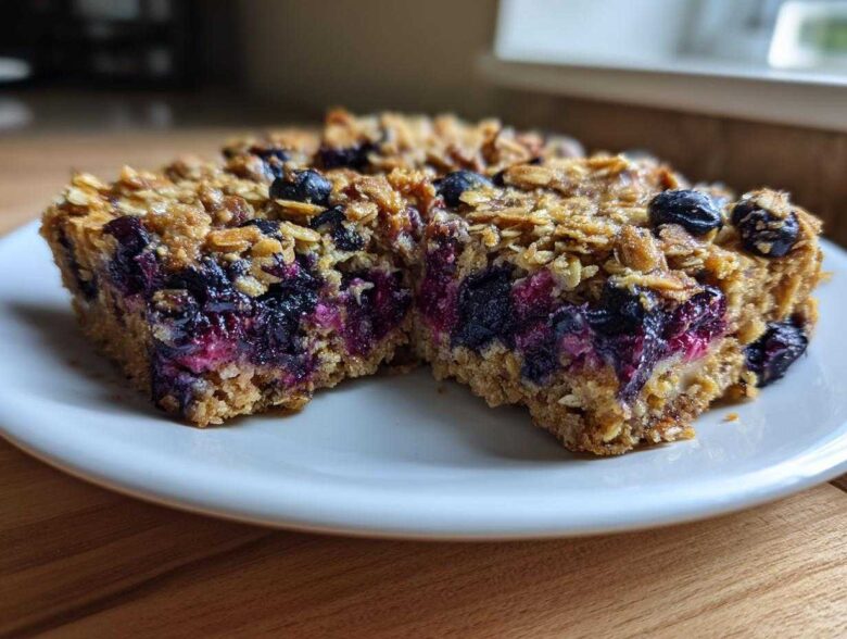 Two moist Blueberry Baked Oatmeal Squares cut in half, showing the rich, purple blueberry filling and oat topping.