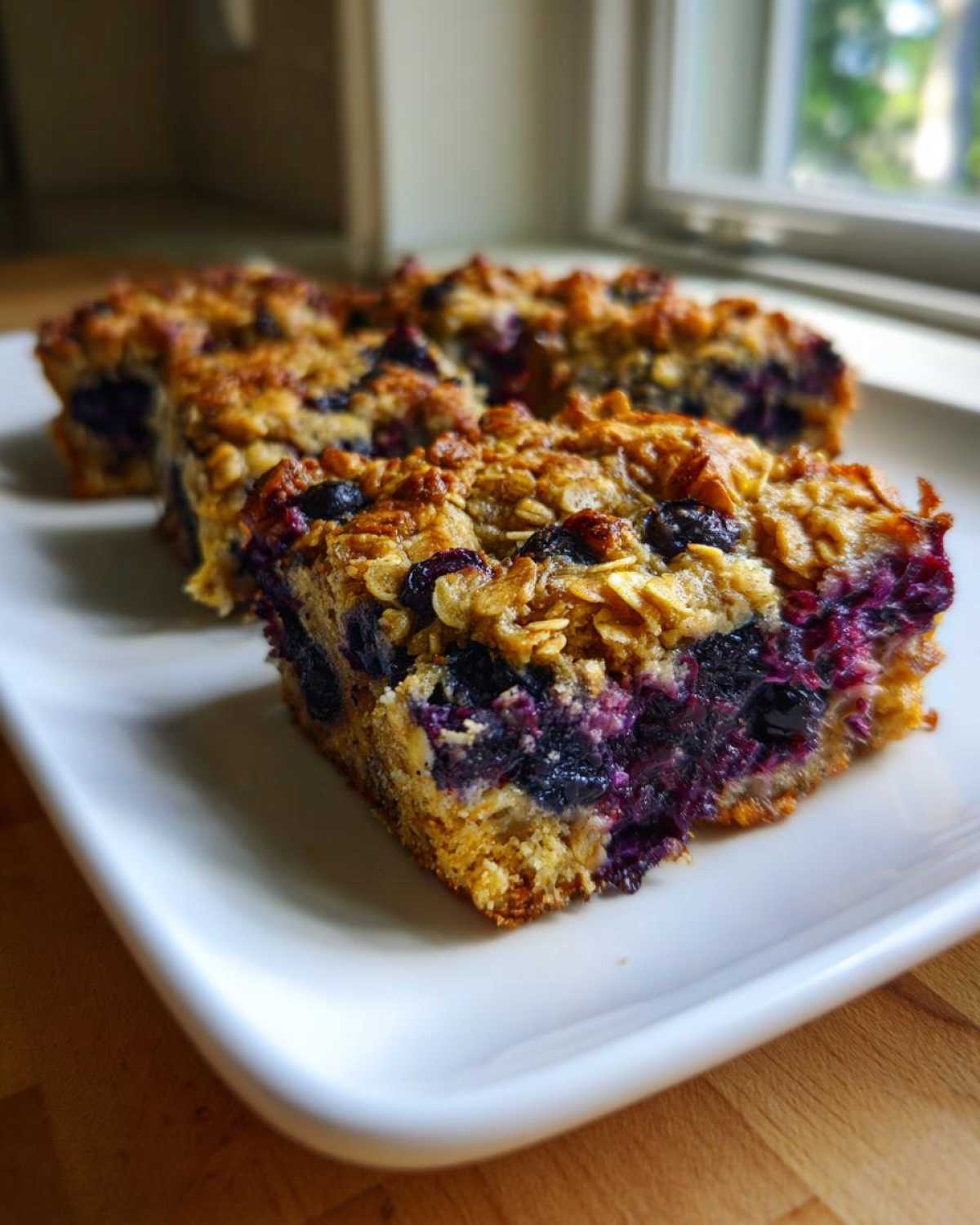 A close-up of several moist Blueberry Baked Oatmeal Squares, rich with purple fruit, served on a white rectangular plate.