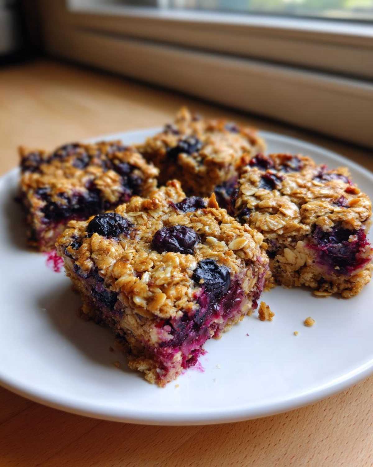 Four freshly baked Blueberry Baked Oatmeal Squares with visible oats and jammy blueberries on a white plate.