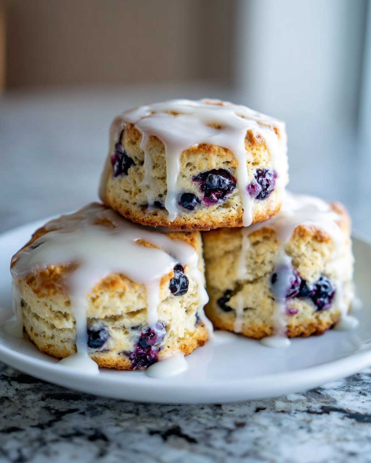 Three tall Blueberry Lemon Scones stacked on a white plate, drizzled heavily with white lemon glaze.