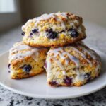 Three freshly baked Blueberry Lemon Scones stacked on a white plate, drizzled with white lemon glaze.
