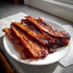 A pile of crispy, shiny Brown Sugar Glazed Bacon strips served on a small white plate.