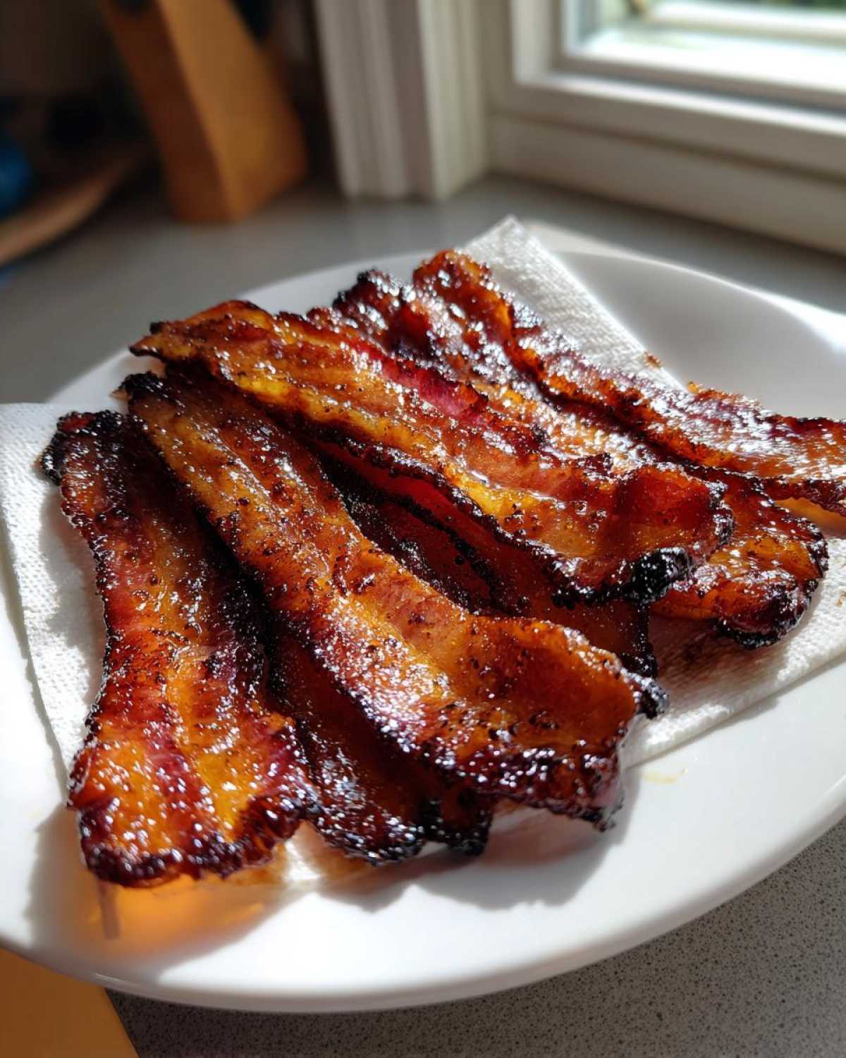Several strips of shiny, caramelized Brown Sugar Glazed Bacon resting on a white plate with a paper towel.