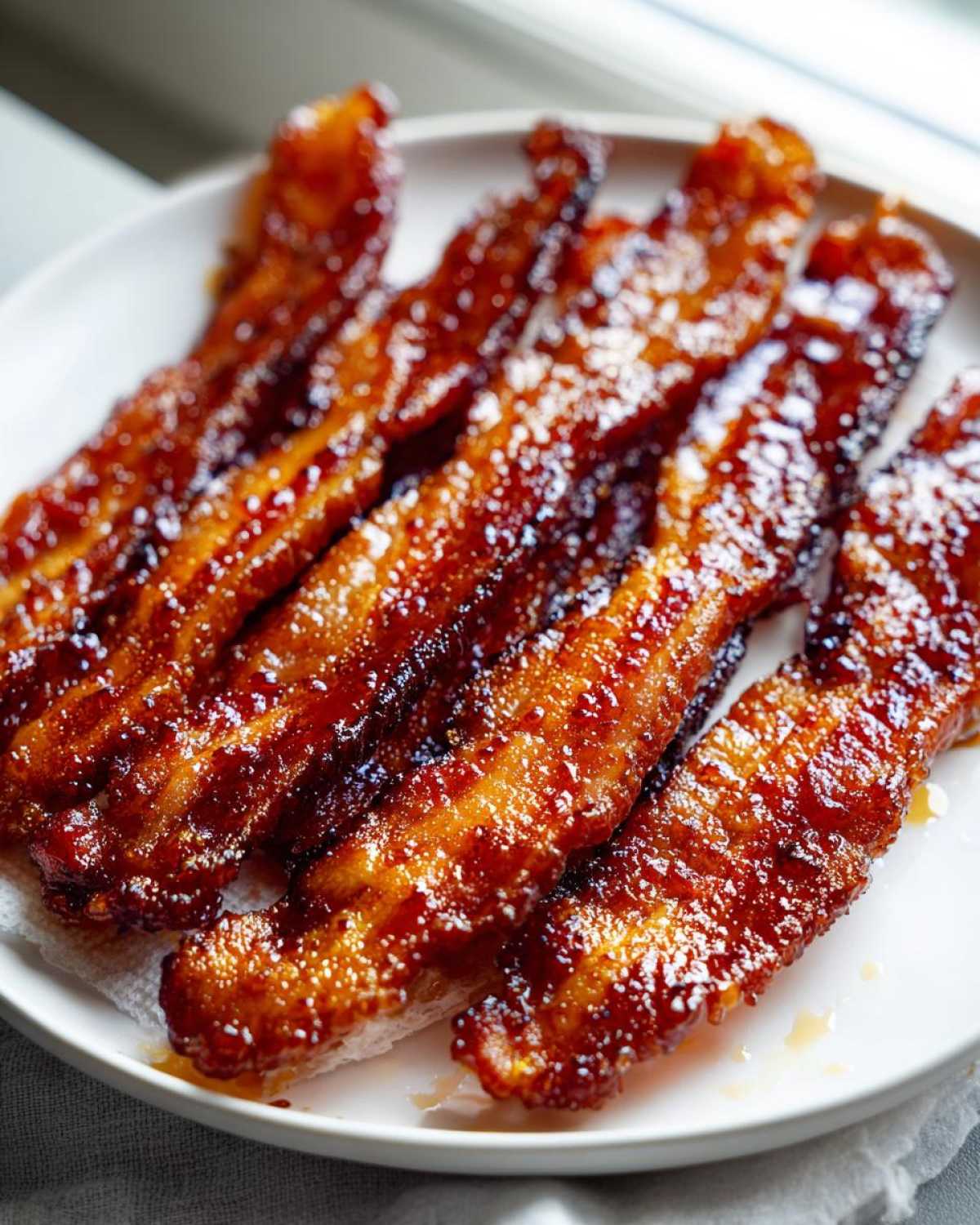 Close-up of several strips of glossy, caramelized Brown Sugar Glazed Bacon resting on a white plate.