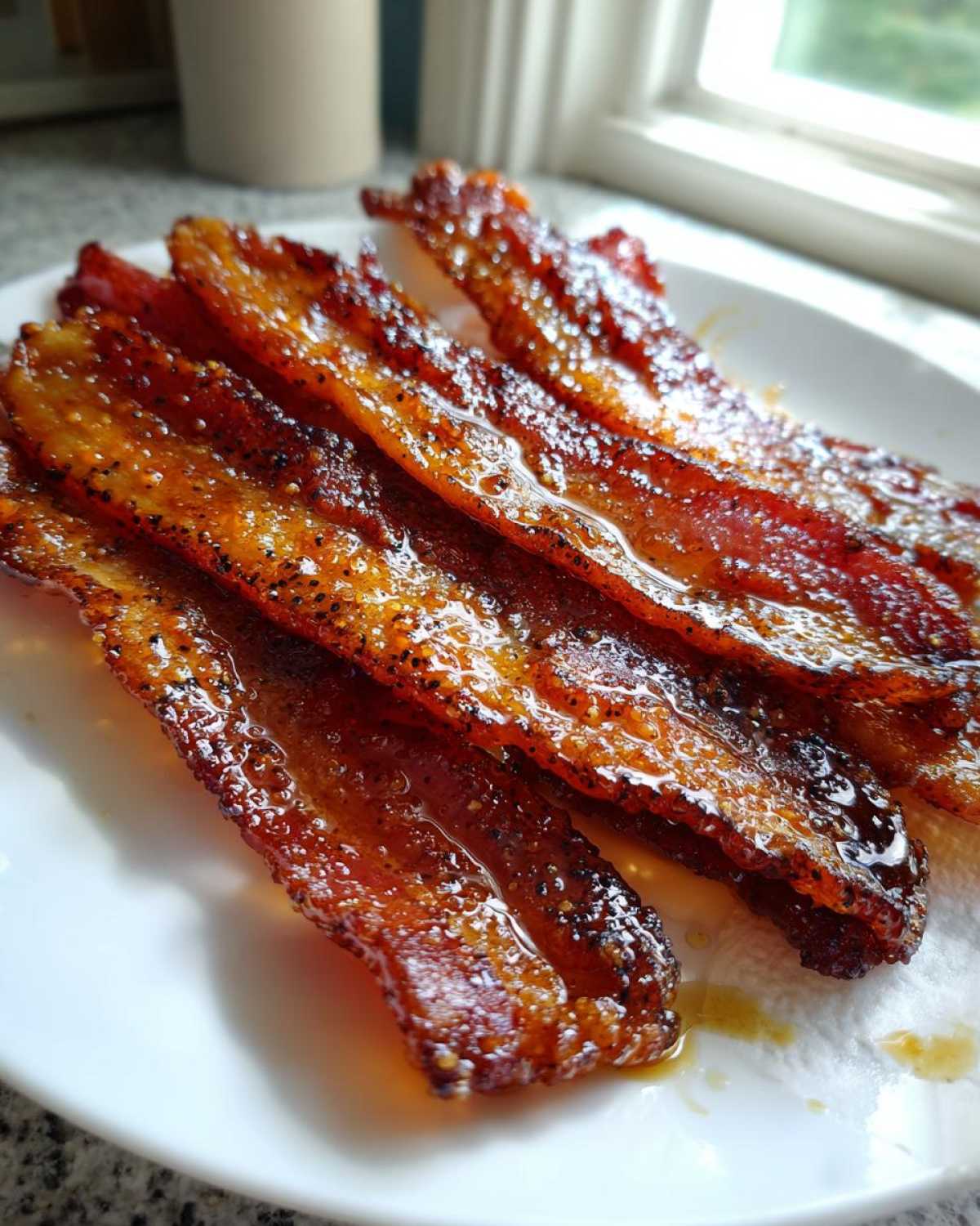 Several strips of crispy, shiny Brown Sugar Glazed Bacon resting on a white plate.