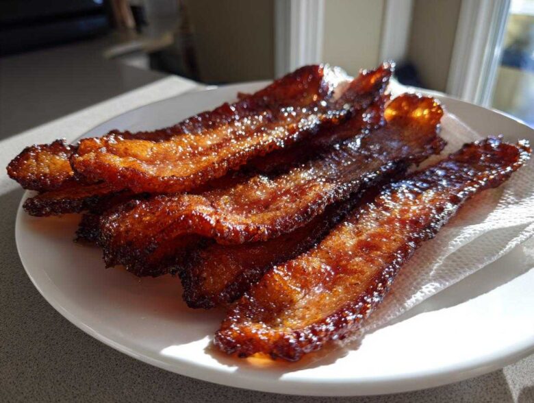 Close-up of crispy, shiny Brown Sugar Glazed Bacon strips resting on a paper towel on a white plate.