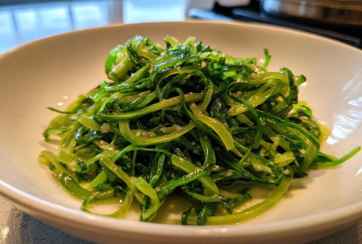 Close-up of vibrant green, thinly sliced cabbage stir fry coated in a glossy garlic ginger sauce.