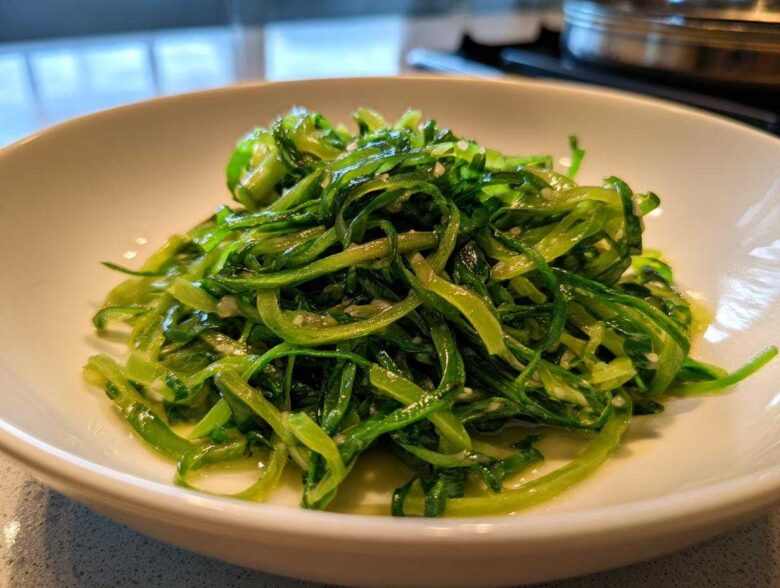 Close-up of vibrant green, thinly sliced cabbage stir fry coated in a glossy garlic ginger sauce.