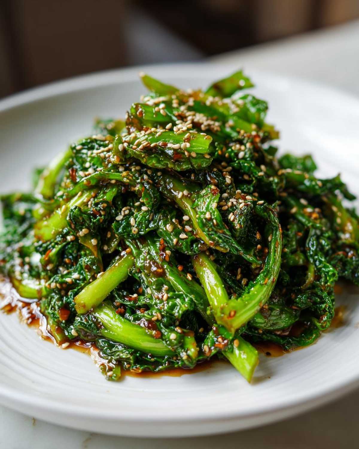 Close-up of vibrant green Cabbage Stir Fry with Garlic Ginger Sauce, coated in a dark sauce and topped with sesame seeds.