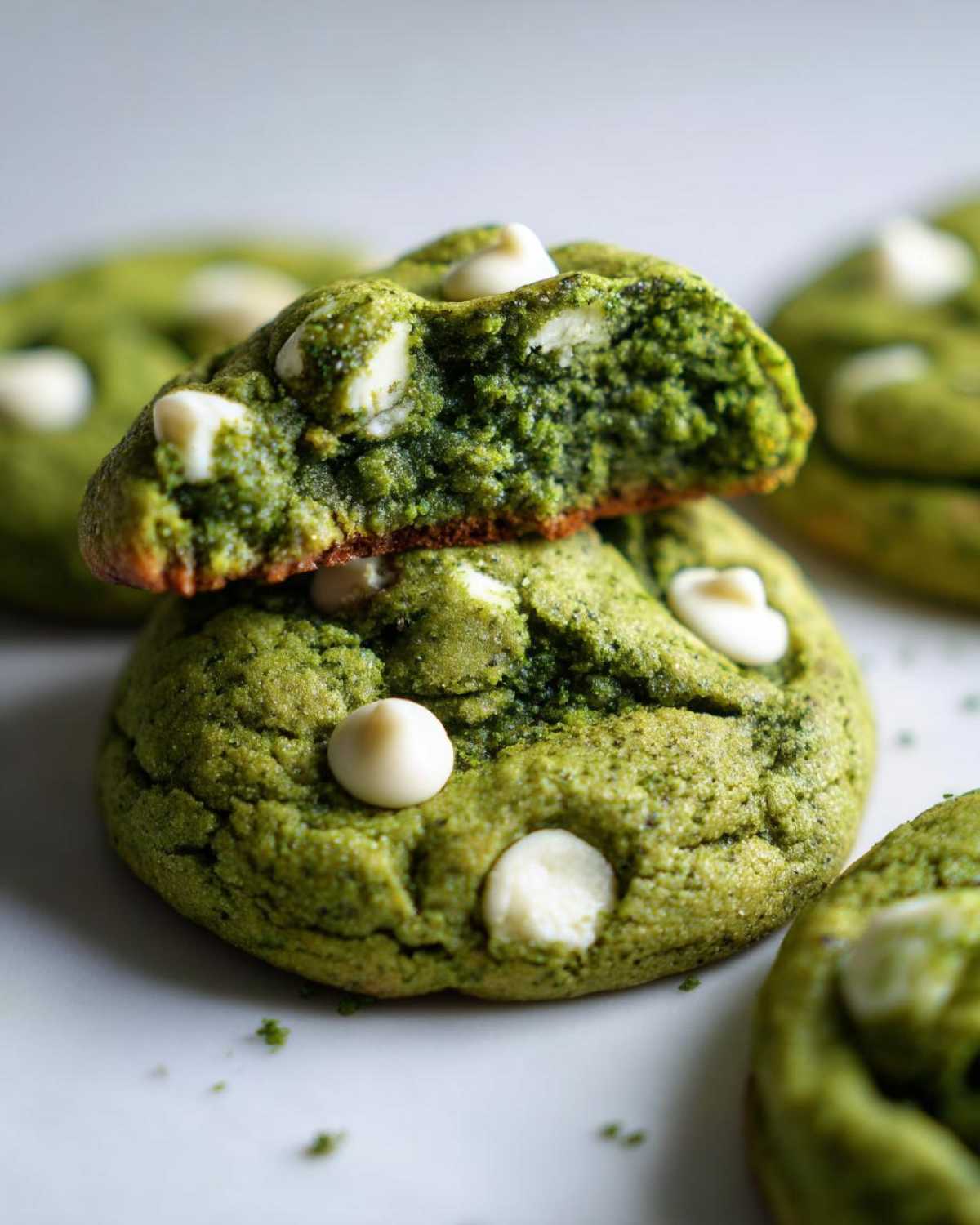 Close-up of Chewy Matcha White Chocolate Cookies, one broken in half showing the soft, green interior and white chocolate chips.