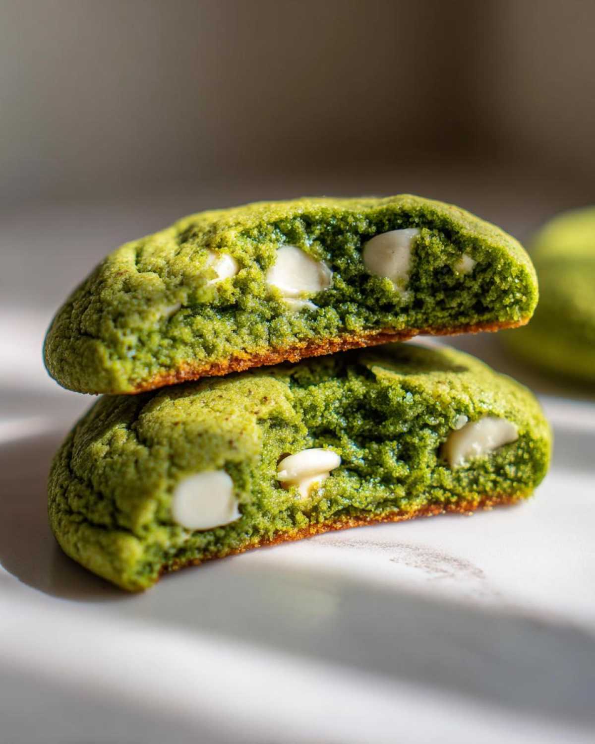 Two halves of a chewy matcha white chocolate cookies stacked, showing the vibrant green interior and melted white chocolate chips.