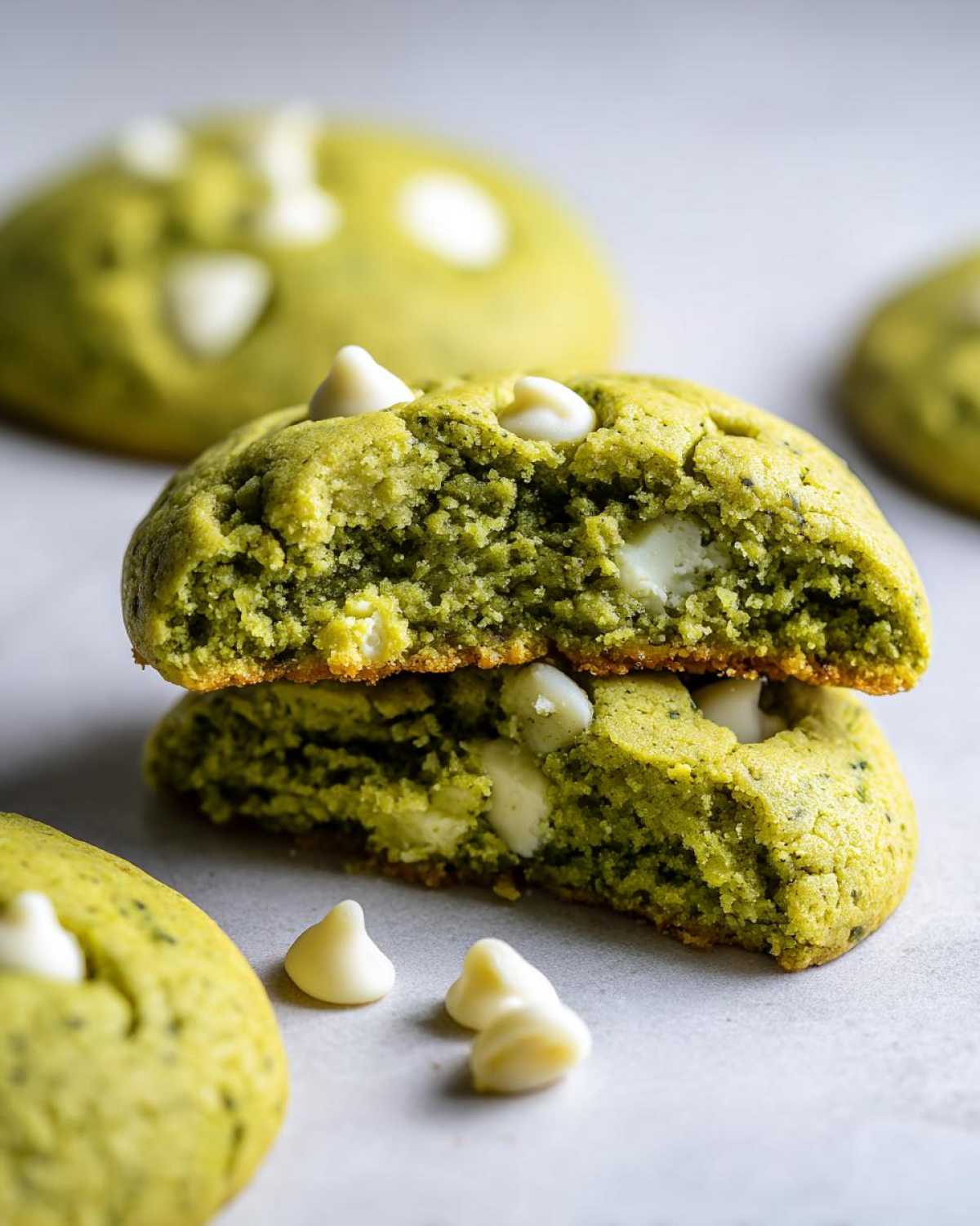 Close-up of a chewy matcha white chocolate cookie broken in half, showing a soft interior and melted white chocolate chips.