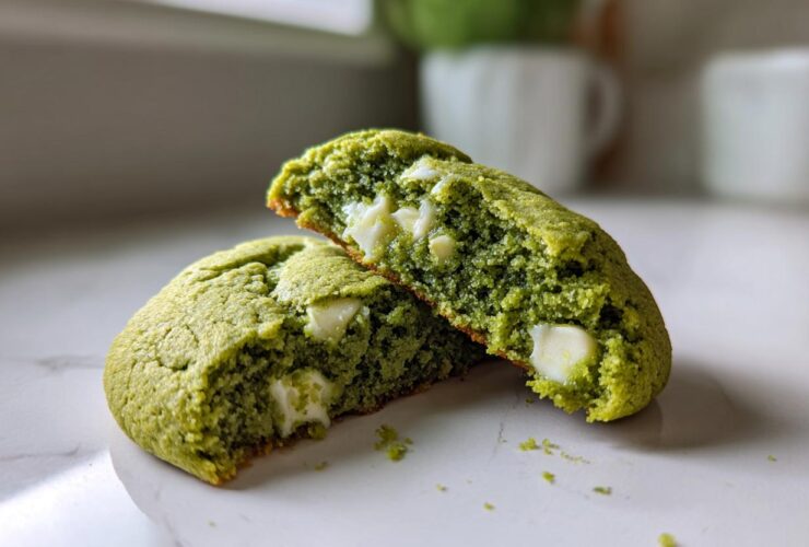Close-up of Chewy Matcha White Chocolate Cookies broken in half, showing the moist green interior and melted white chocolate chips.
