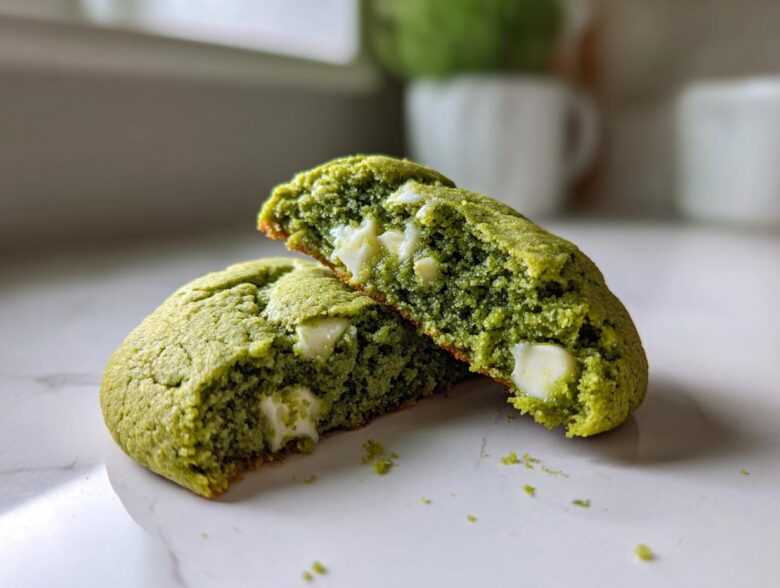 Close-up of Chewy Matcha White Chocolate Cookies broken in half, showing the moist green interior and melted white chocolate chips.