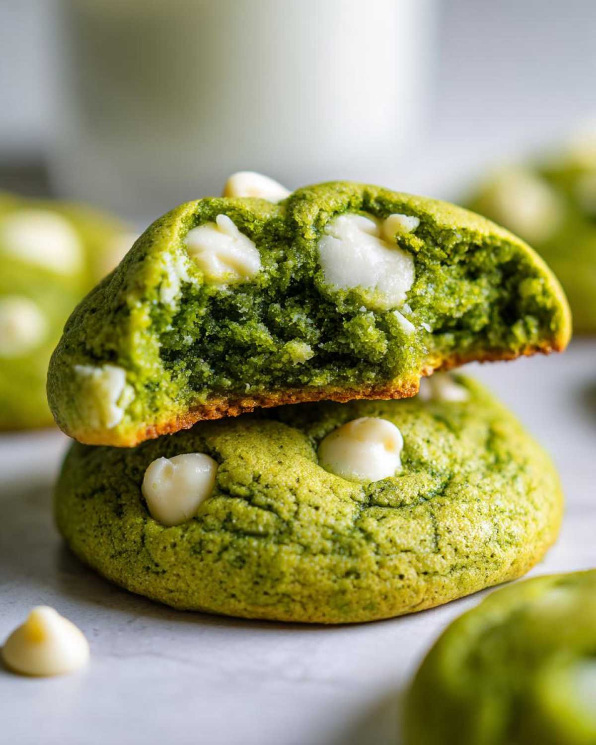 A stack of two Chewy Matcha White Chocolate Cookies, with the top one broken in half showing the soft, green interior and white chocolate chunks.