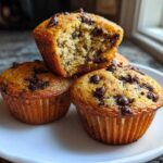 A stack of three golden brown Chocolate Chip Banana Muffins, one broken open to show the moist interior.