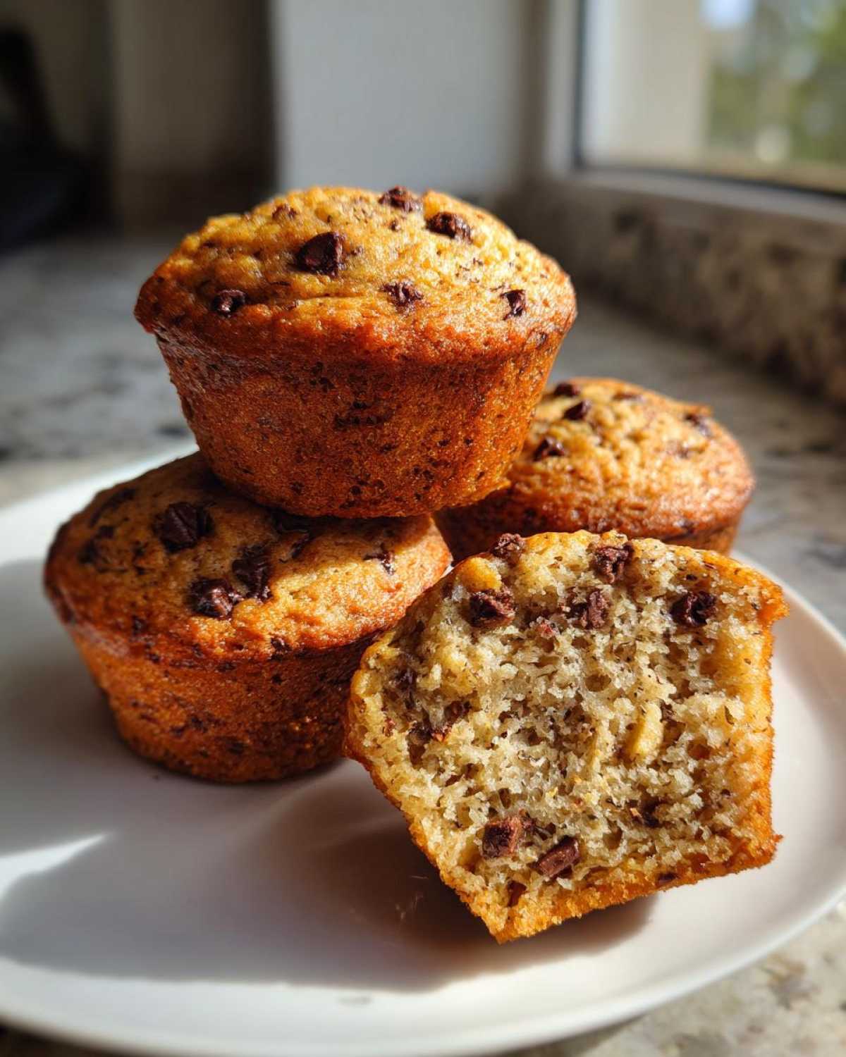 A stack of four golden brown Chocolate Chip Banana Muffins, one cut open to show the moist interior.