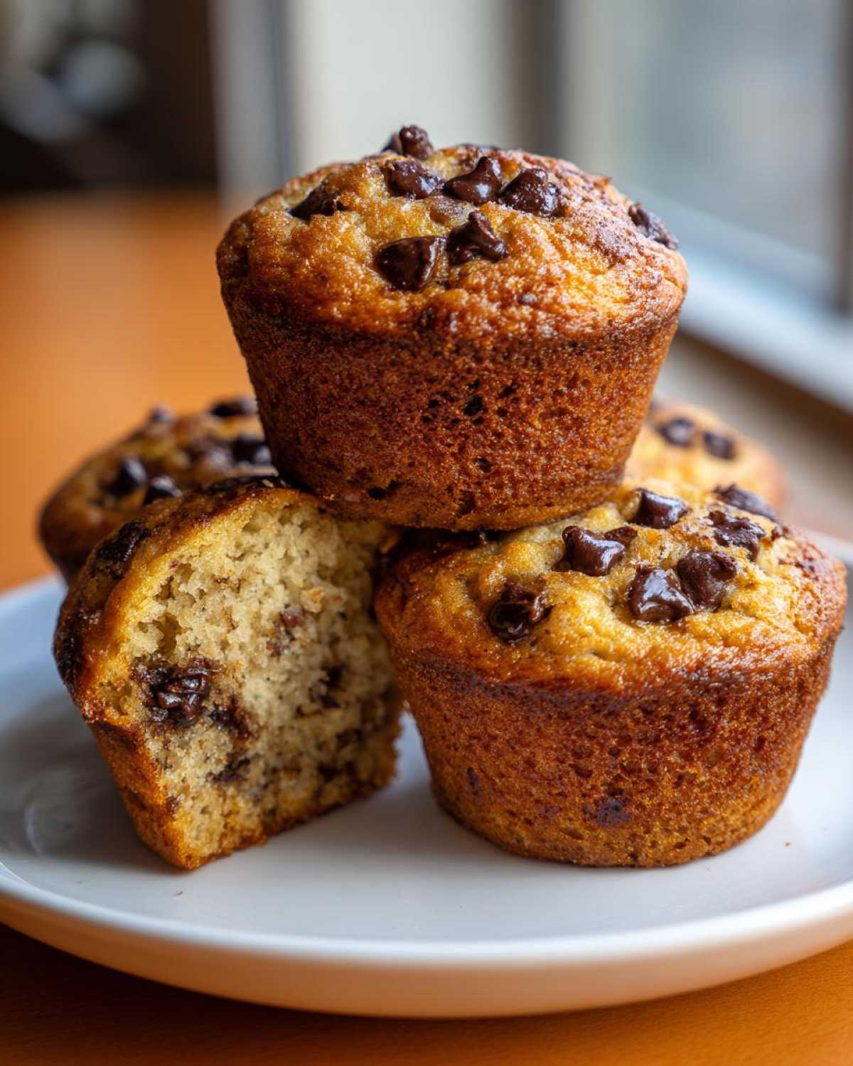 A stack of golden brown Chocolate Chip Banana Muffins, one cut in half showing the moist interior.