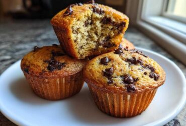 A stack of three golden brown Chocolate Chip Banana Muffins, one broken open to show the moist interior.