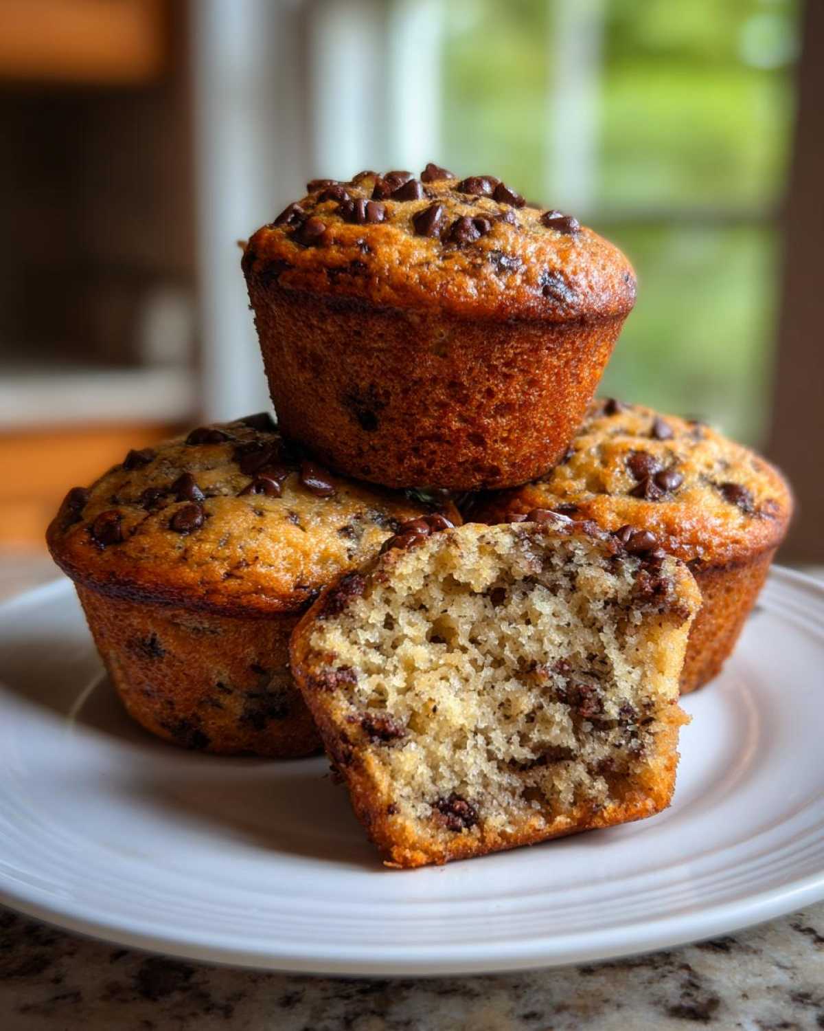 A stack of three golden brown Chocolate Chip Banana Muffins, one cut open to show the moist interior.