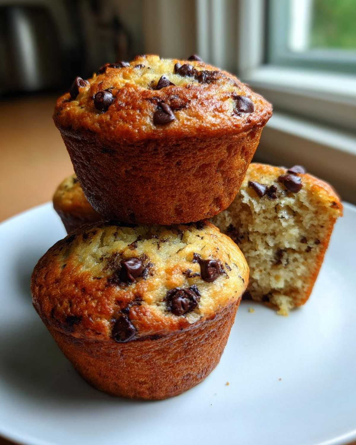A stack of golden-brown Chocolate Chip Banana Muffins, one cut open to show the moist interior.